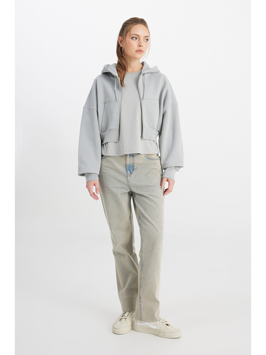Relaxed Fit Geniş Kesim Kapüşonlu Fermuarlı %100 Pamuk Gri Sweatshirt Ceket-3