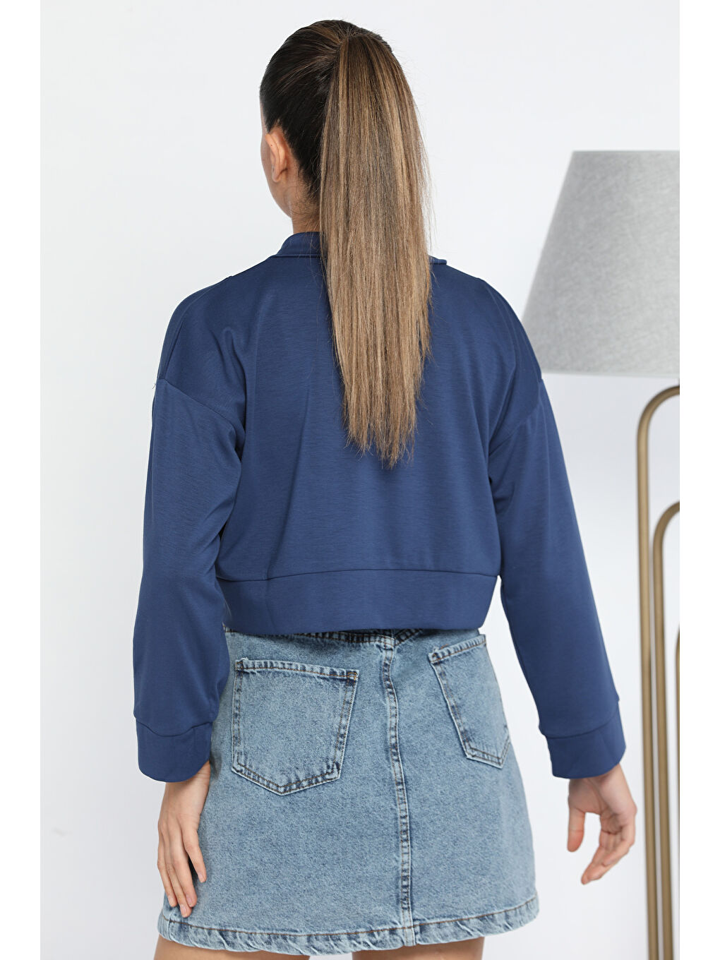 GÜLSELİ Lacivert Oysho Kumaş Fermuar Detaylı Kadın Crop Top Sweatshirt - 3