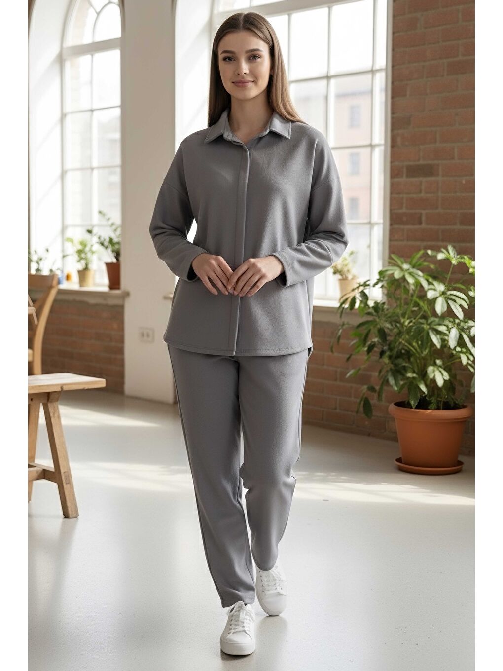 Gri Geniş Kollu Modaal İkili Takım Füme - 28059-FUME