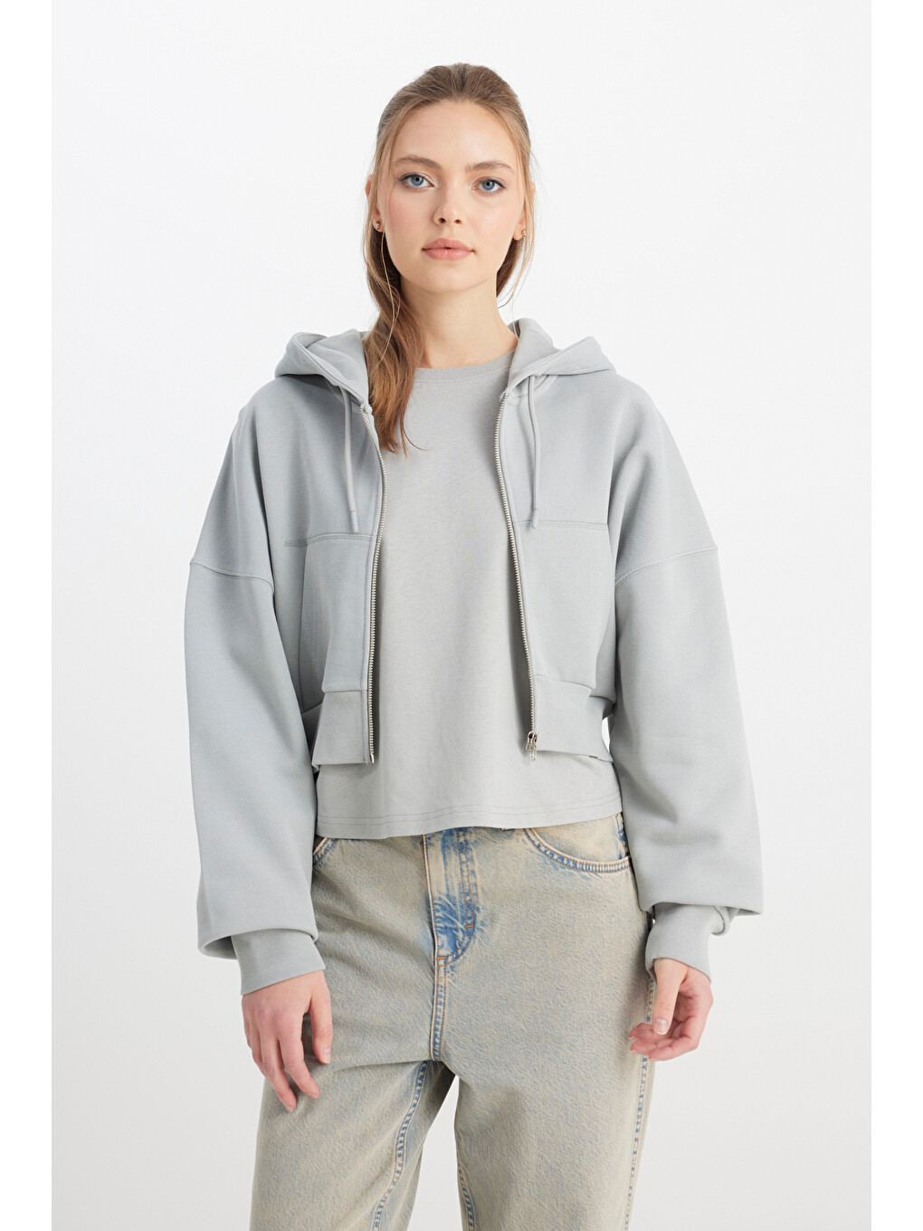 Relaxed Fit Geniş Kesim Kapüşonlu Fermuarlı %100 Pamuk Gri Sweatshirt Ceket-4
