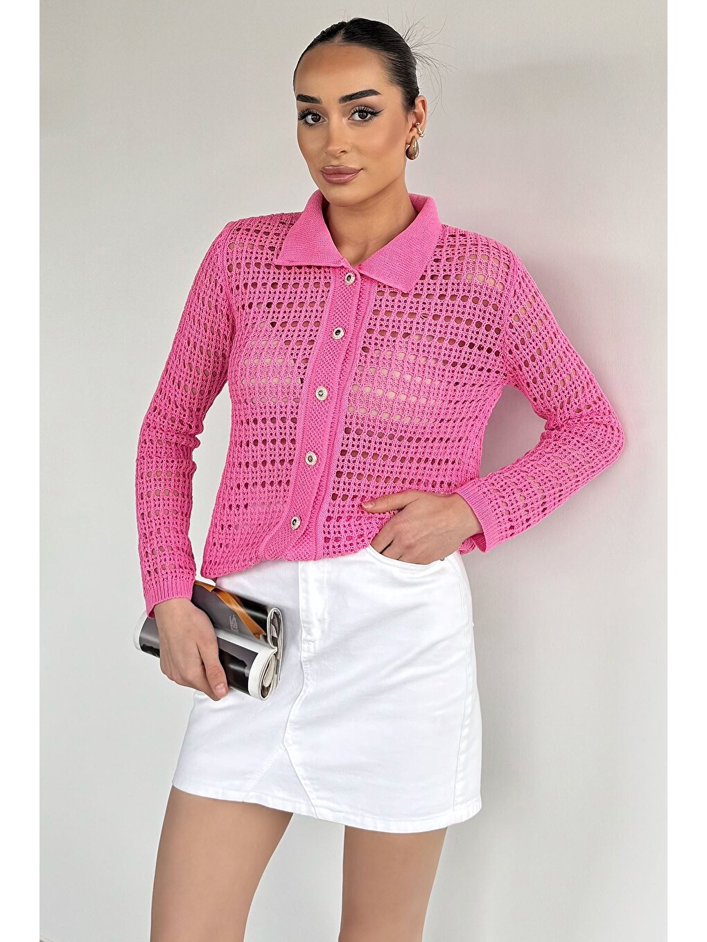 Pembe Kadın Polo Yaka Ajurlu Ön Düğmeli Triko Hırka-1