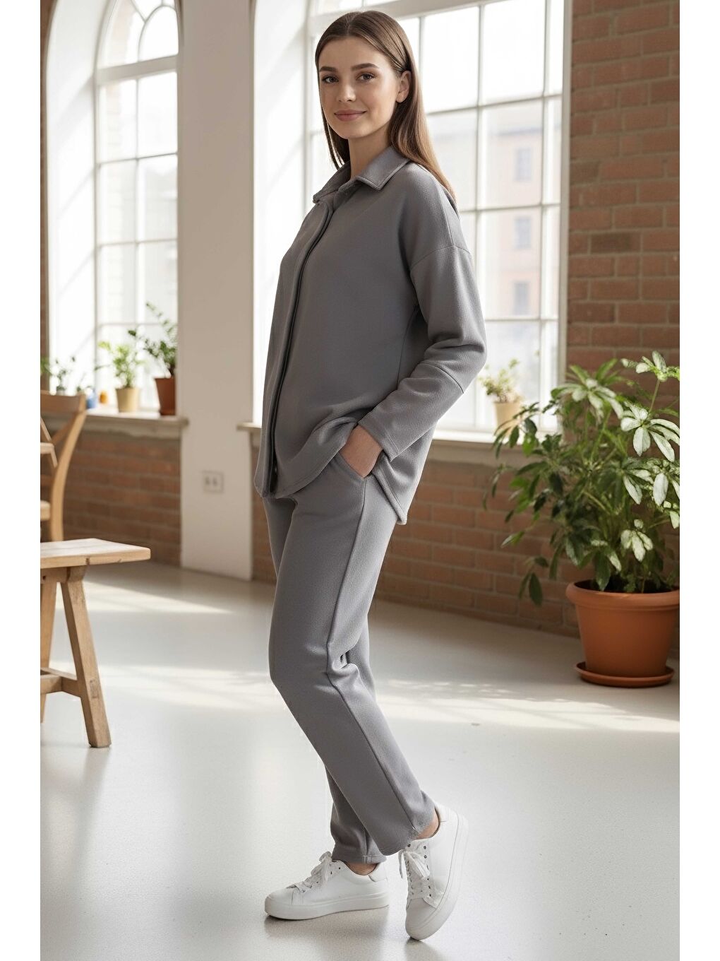 Gri Geniş Kollu Modaal İkili Takım Füme - 28059-FUME-1