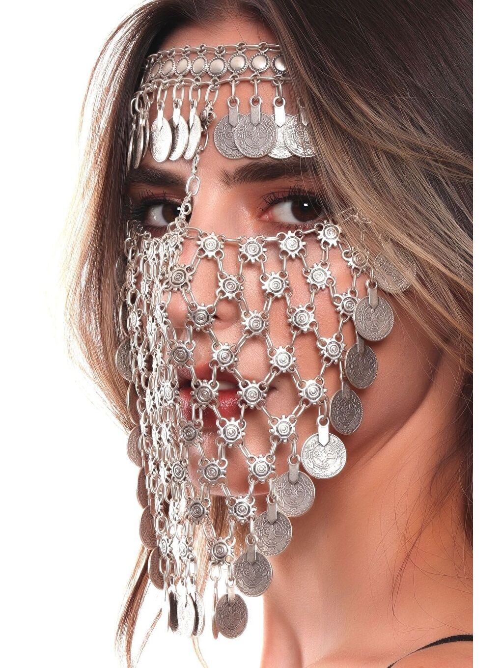 Gri Kadın Antik Gümüş Kaplama Ayarlanabilir El Yapımı Peçe-2