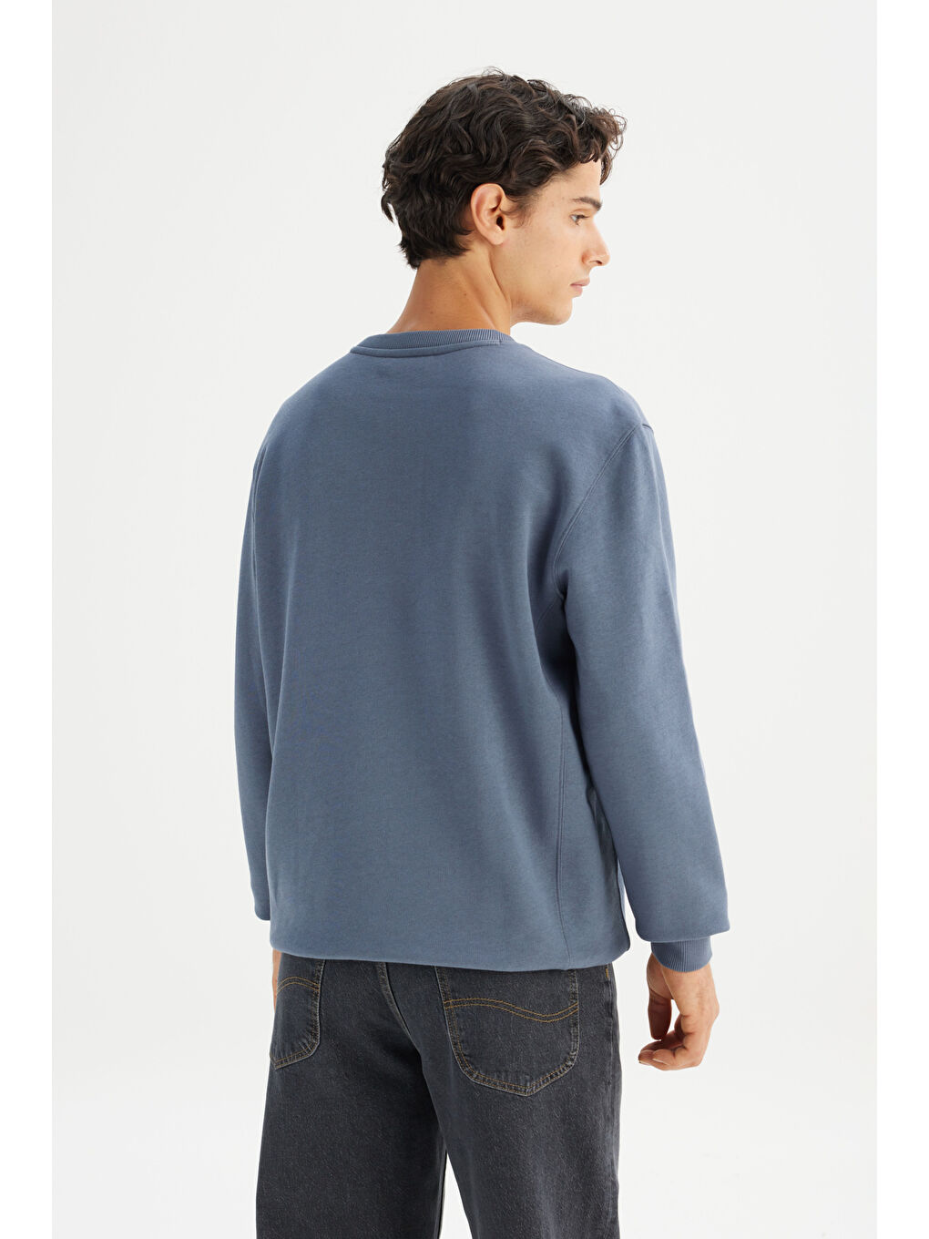 Regular Fit Normal Kesim %100 Pamuk Bisiklet Yaka İçi Polarlı İndigo Sweatshirt-4