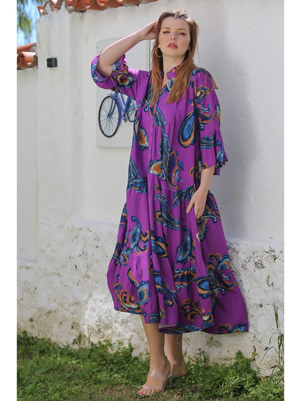 Mor V Yaka Fırfırlı Kol Şal Desenli Düğmeli Eteği Fırfırlı Casual Viskon Dokuma Elbise 135 60-3