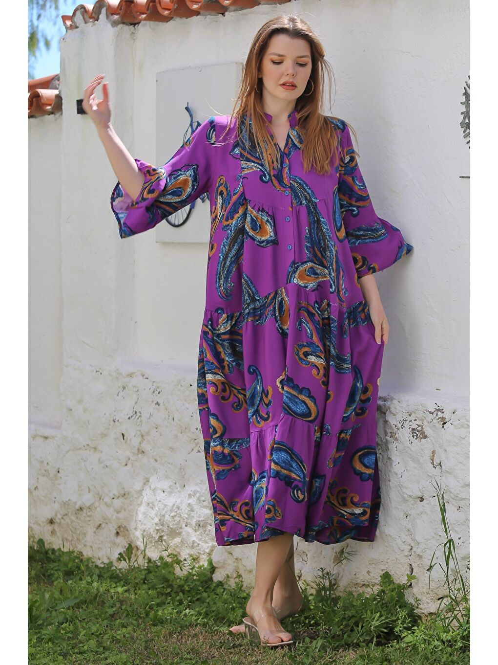 Mor V Yaka Fırfırlı Kol Şal Desenli Düğmeli Eteği Fırfırlı Casual Viskon Dokuma Elbise 135 60-4