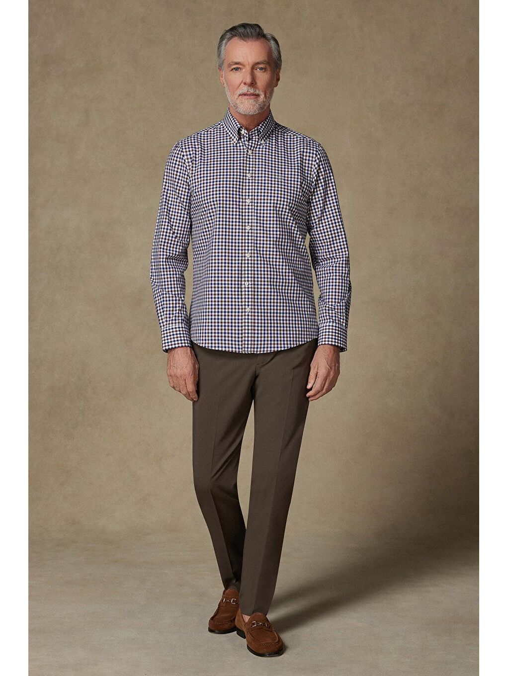 Dante Poplin Pamuklu Comfort Fit Kahverengi Düğmeli Yaka Erkek Kareli %100 Pamuk Gömlek-2