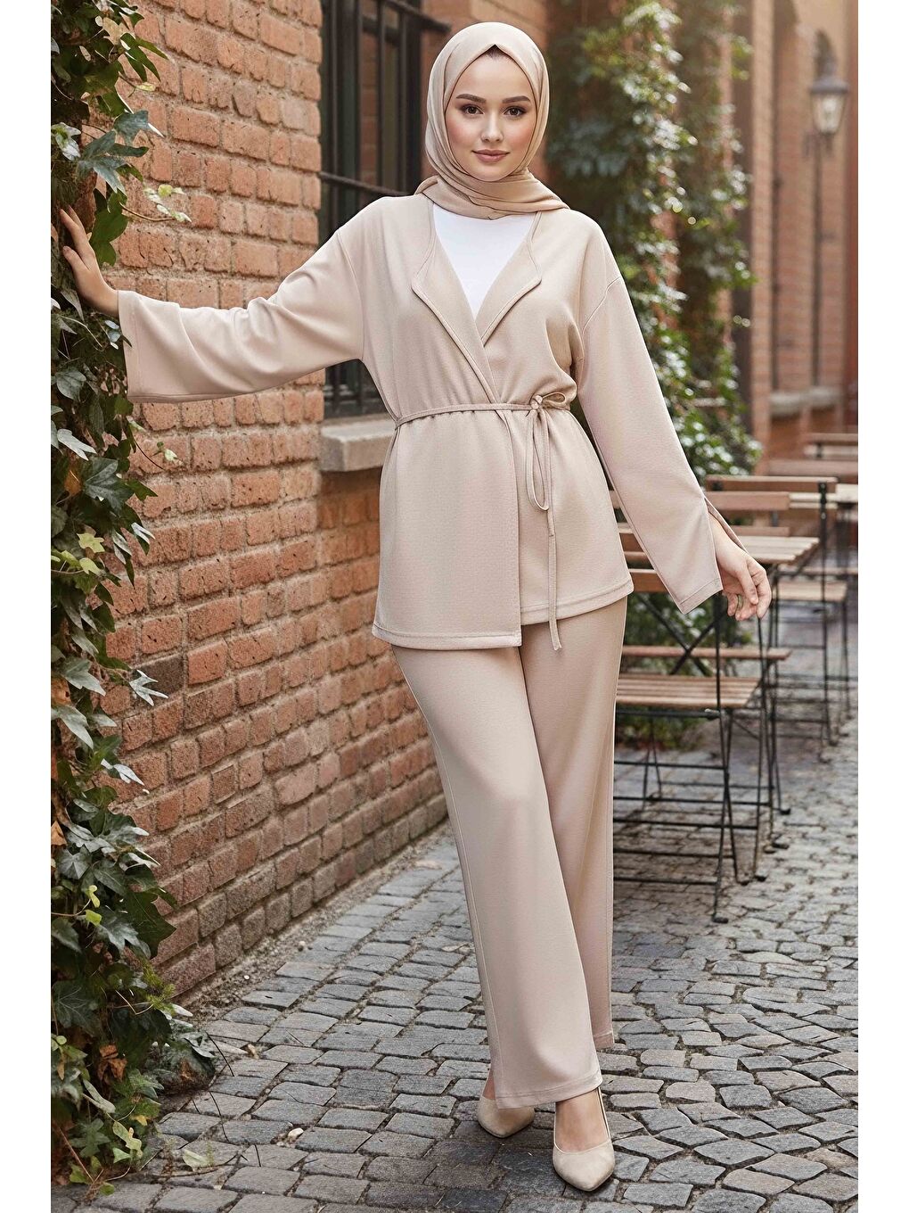 Ekru Ceket Pantolon Bluz Modal Üçlü Takım Krem - 28046-KREM