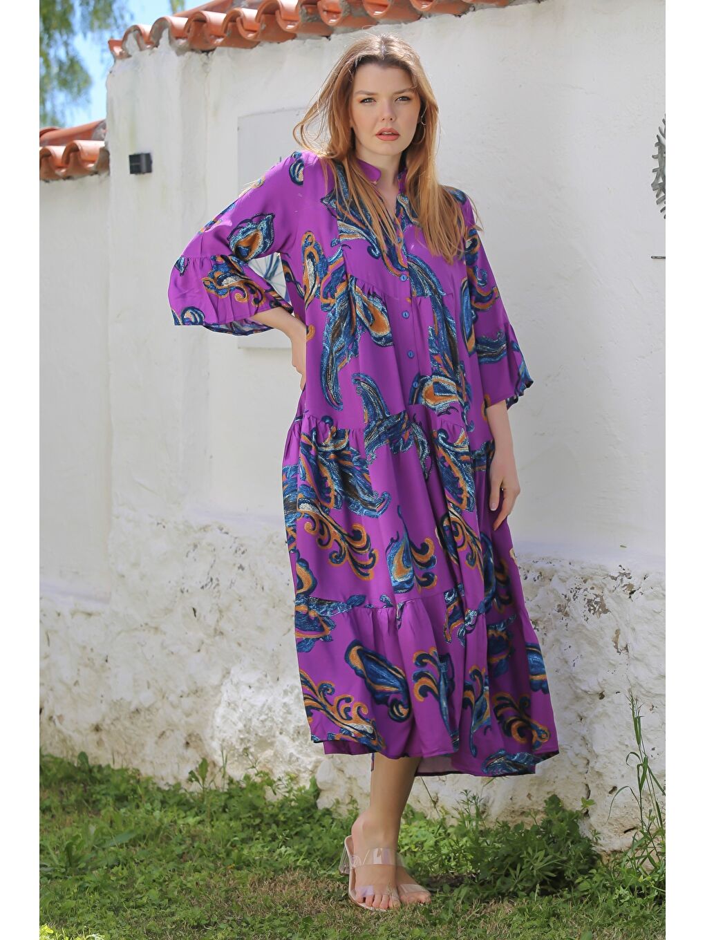 Mor V Yaka Fırfırlı Kol Şal Desenli Düğmeli Eteği Fırfırlı Casual Viskon Dokuma Elbise 135 60-5