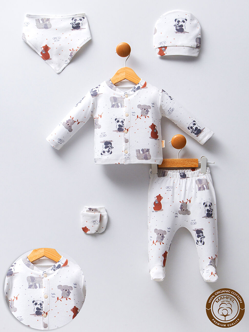 Beyaz 5'li Panda Ve Koala Desenli Bebek Hastane Çıkış Seti