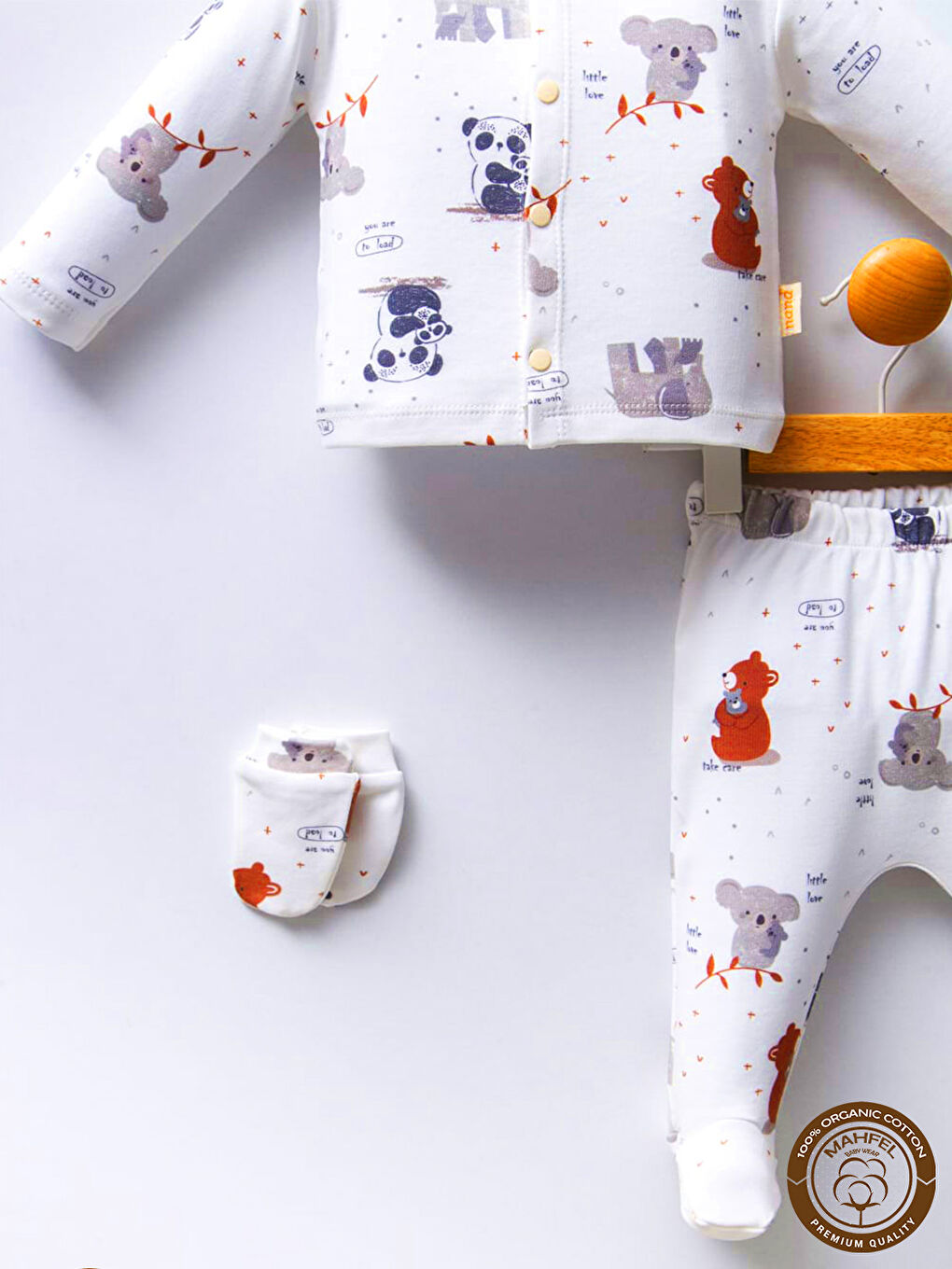 Beyaz 5'li Panda Ve Koala Desenli Bebek Hastane Çıkış Seti-1