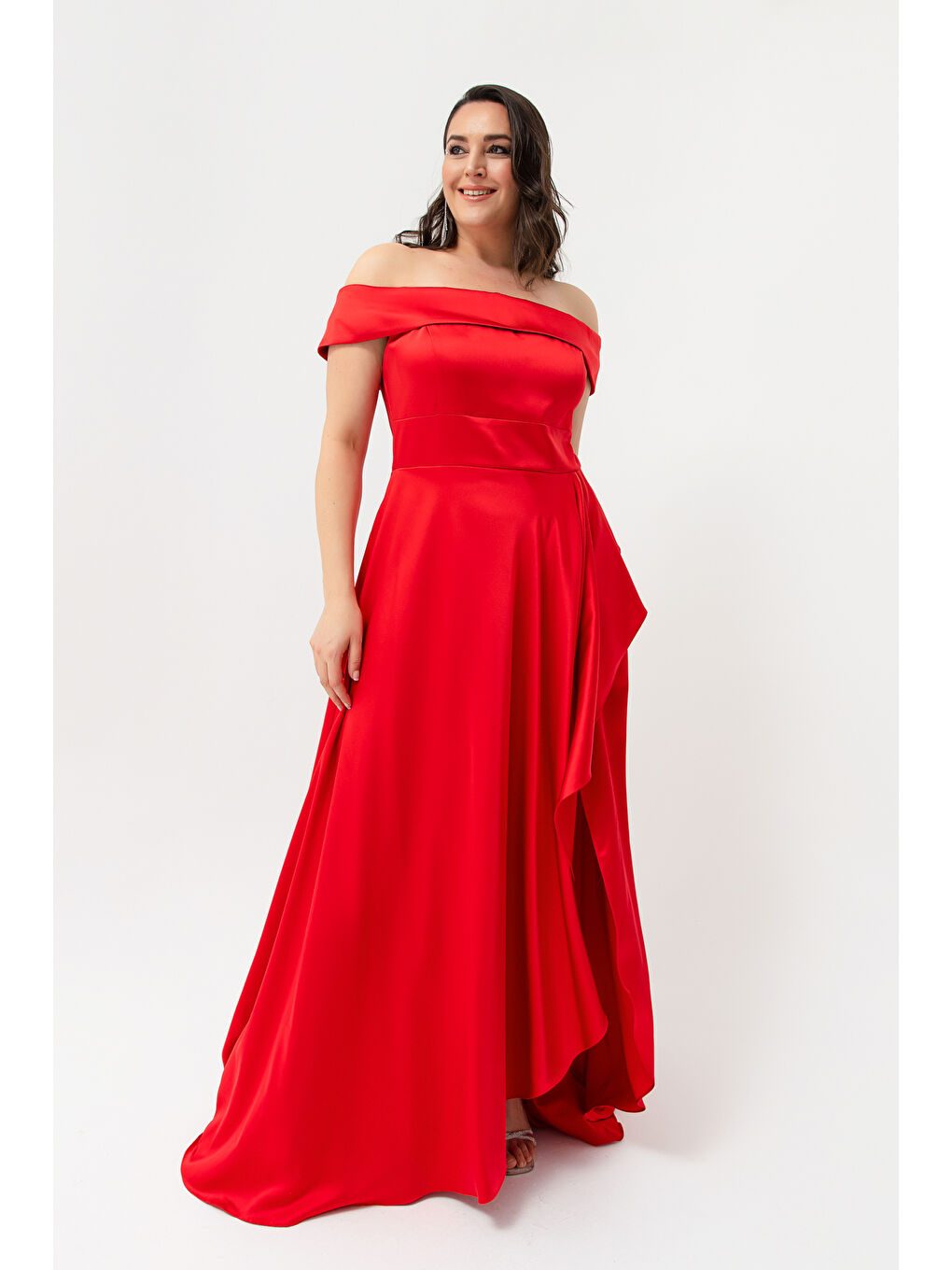 Kadın Kırmızı Kayık Yaka Büyük Beden Saten Abiye & Mezuniyet Elbisesi-1
