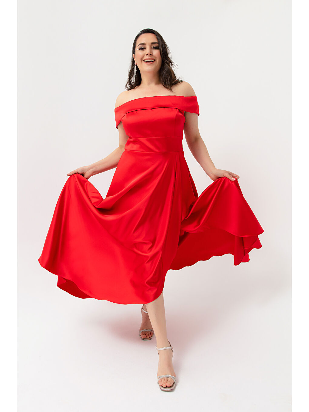 Kadın Kırmızı Kayık Yaka Büyük Beden Saten Abiye & Mezuniyet Elbisesi-2
