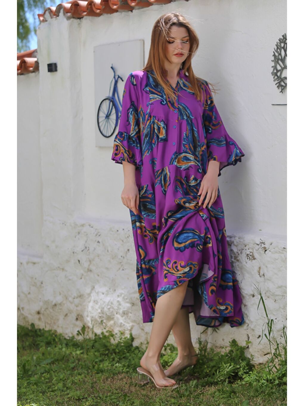 Mor V Yaka Fırfırlı Kol Şal Desenli Düğmeli Eteği Fırfırlı Casual Viskon Dokuma Elbise 135 60-6