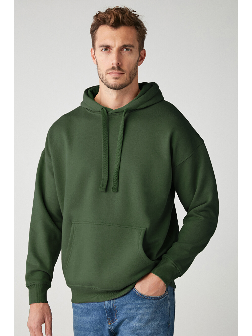 Steve Erkek Yumusaçık Kumaşlı Kordonlu Oversize Kapüşonlu Kanguru Cepli Koyu Yeşil Sweatshirt