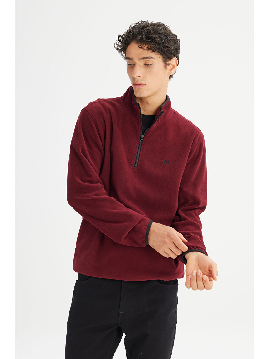 Regular Fit Normal Kesim Dik Yaka Yarım Fermuarlı Bordo Polar-2