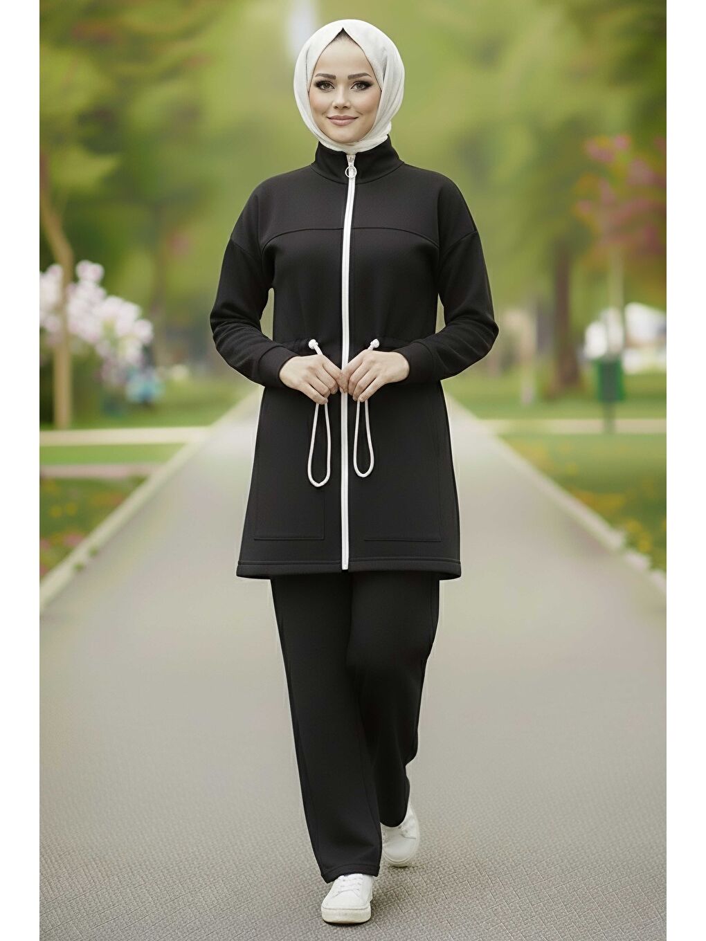 Belde Lastik Detaylı Fermuarlı Cepli Modal İkili Takım Siyah - 28044-SIYAH-1
