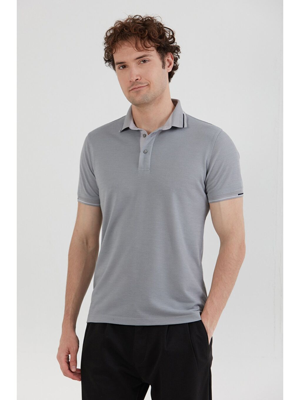 Gri Basic Yarım Düğmeli Polo Yaka Slim Fit Tişört-2