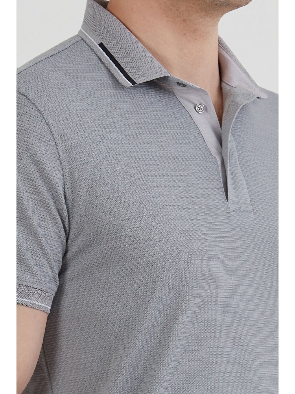 Gri Basic Yarım Düğmeli Polo Yaka Slim Fit Tişört-4