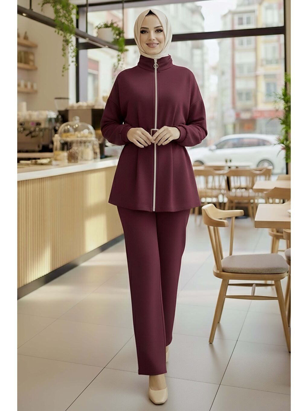 Kemerli Fermuarlı Modal İkili Takım Mürdüm - 28033-MURDUM-1