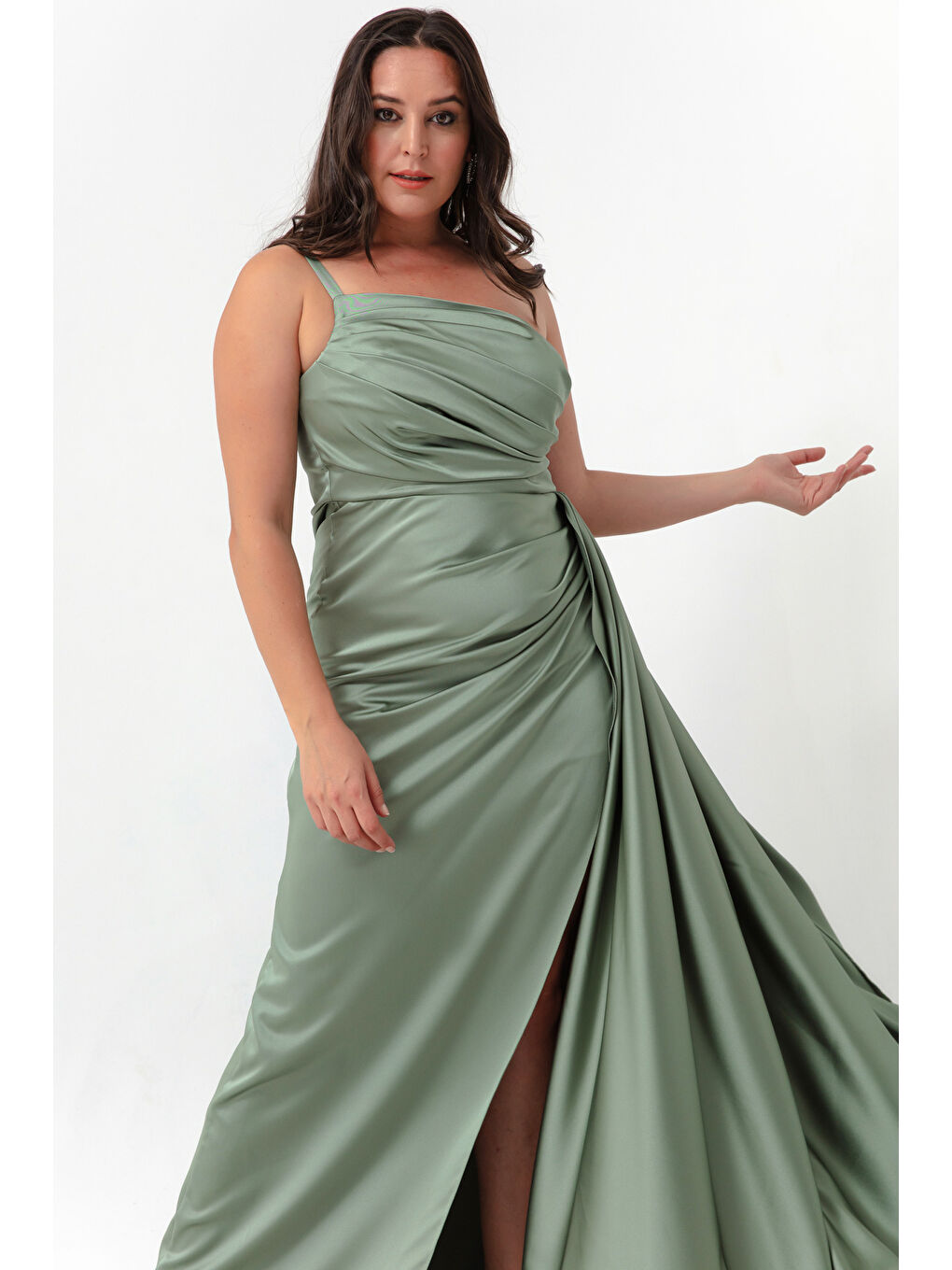 Kadın Mint Yeşili Tek Omuzlu Büyük Beden Saten Abiye & Mezuniyet Elbisesi-2