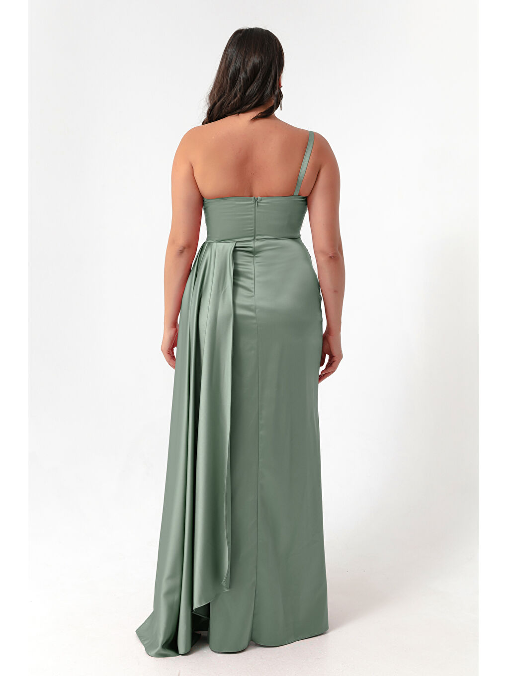 Kadın Mint Yeşili Tek Omuzlu Büyük Beden Saten Abiye & Mezuniyet Elbisesi-4