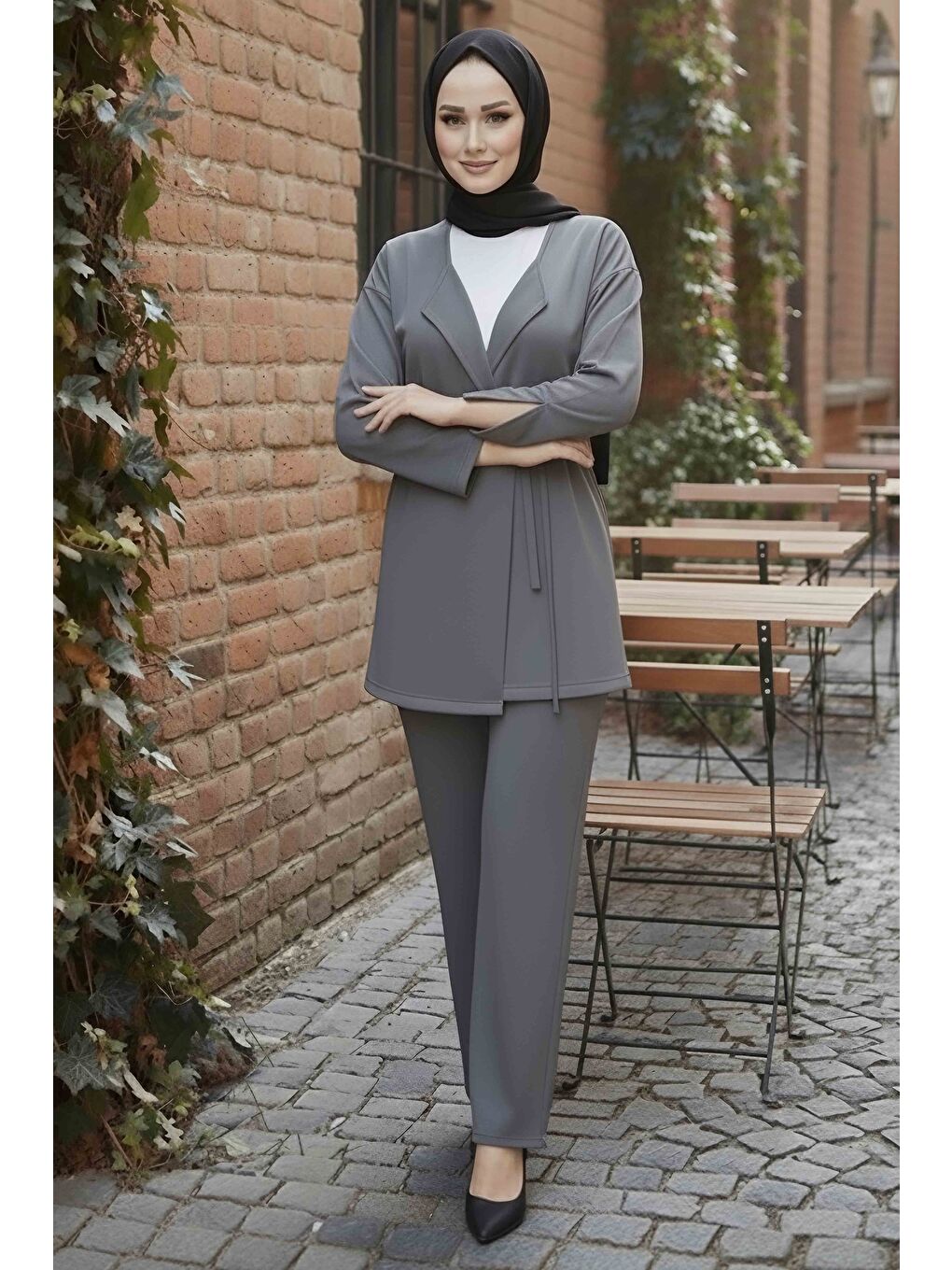 Ceket Pantolon Bluz Modal Üçlü Takım Gri - 28046-GRI