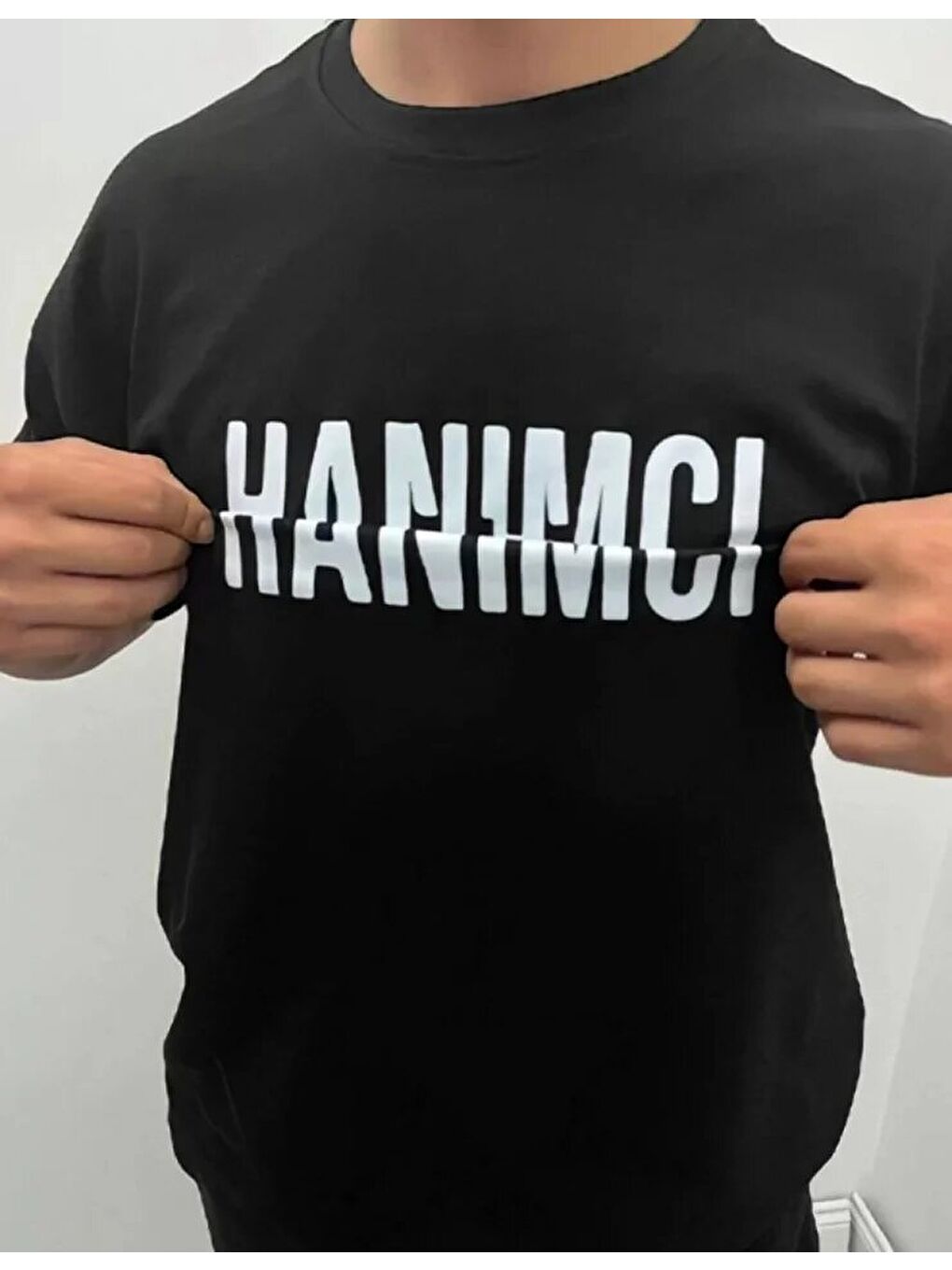 Unisex Bisiklet Yaka Katlanan Baskılı T-Shirt - Siyah-1