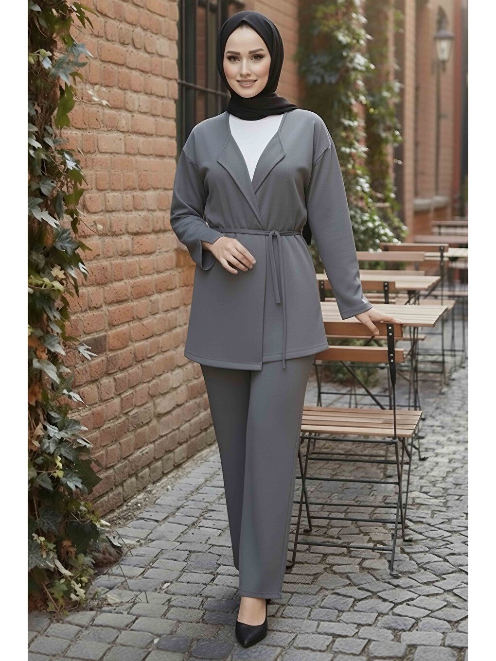 Ceket Pantolon Bluz Modal Üçlü Takım Gri - 28046-GRI-1