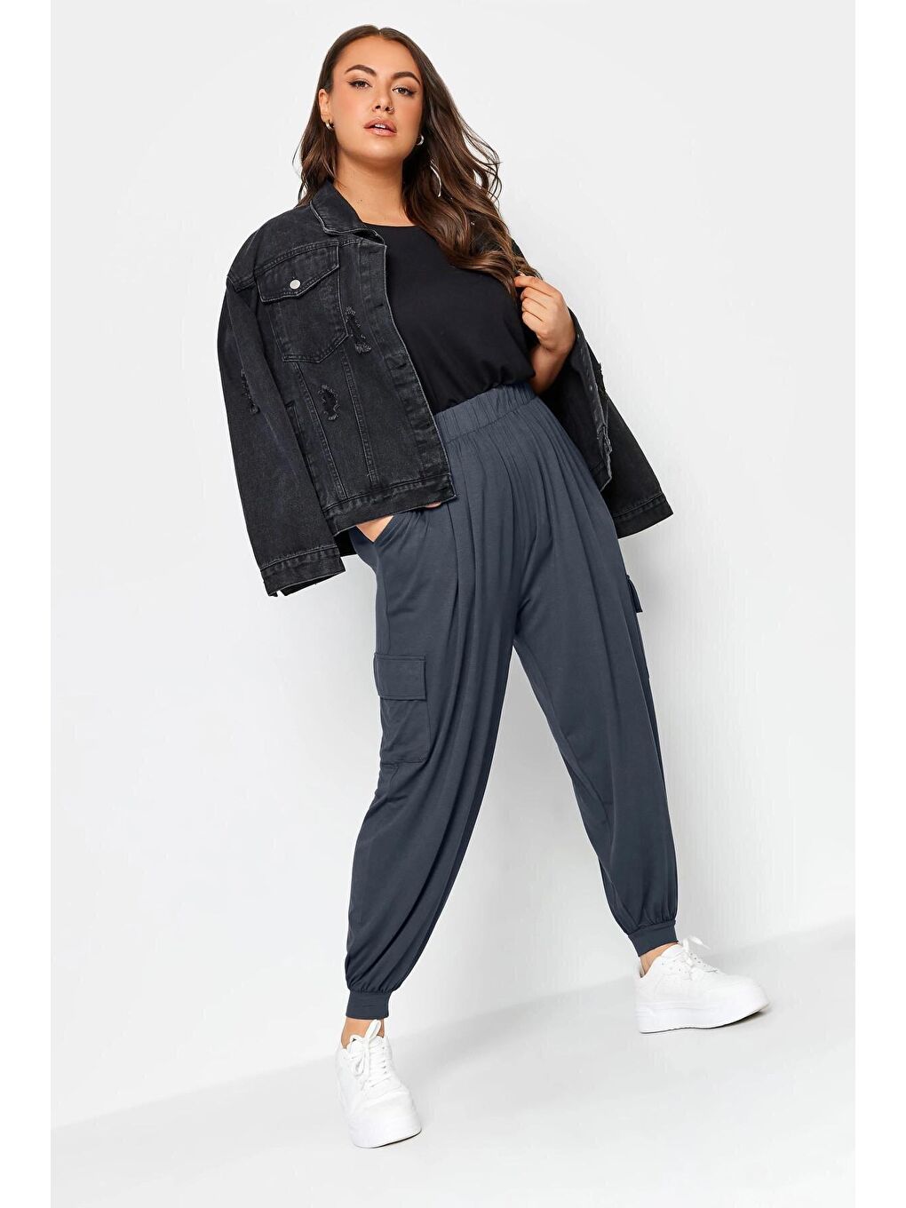 Gri Büyük Beden Paçası Lastikli Cepli Elastanlı Esnek Kumaş Kargo Pantolon 143587