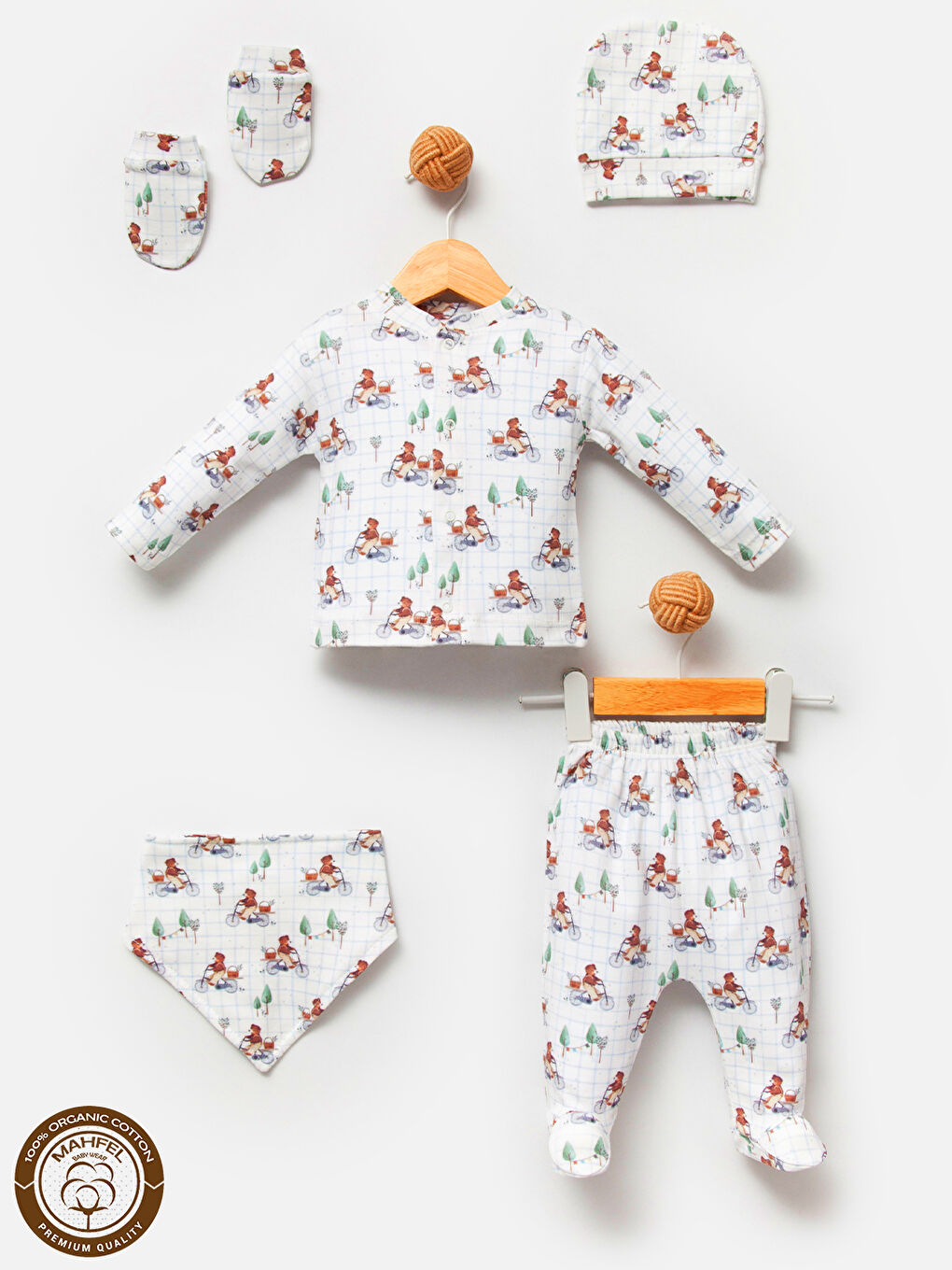 Beyaz 5'li Bisiklet Desenli Bebek Hastane Çıkış Seti