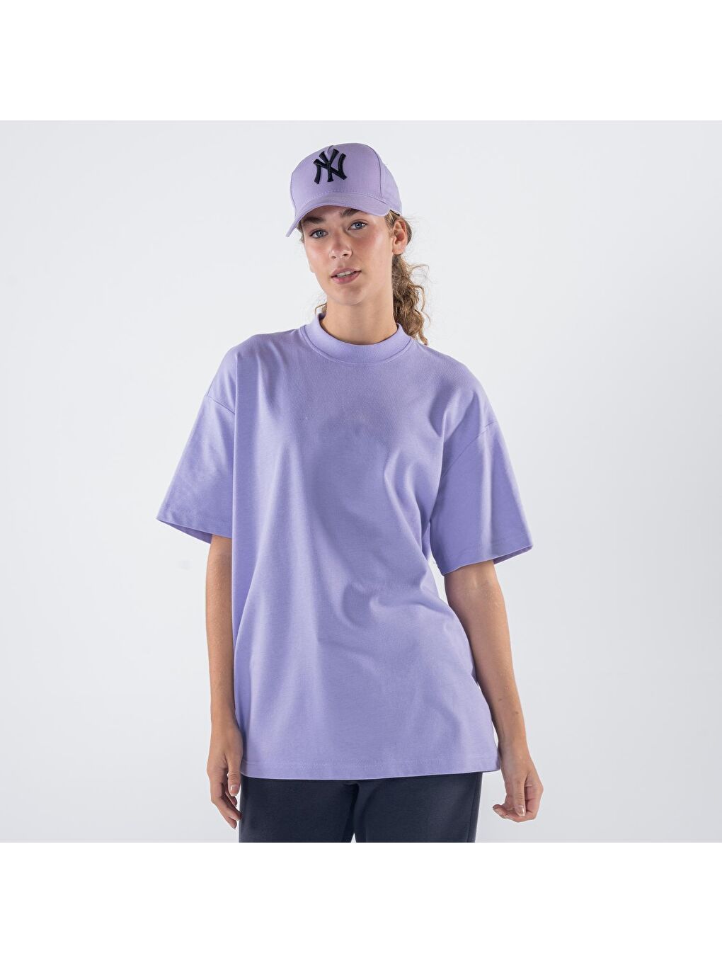 Agar Kadın Lila %100 Koton Bisiklet Yaka Oversize Tişört