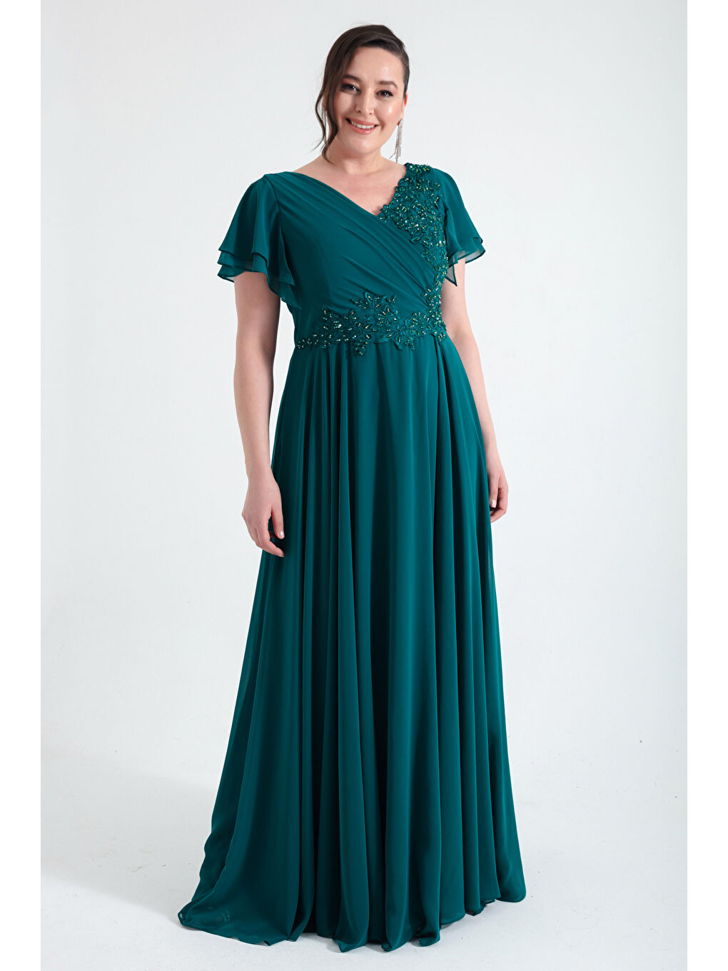 Kadın Zümrüt Yeşili Kruvaze Taşlı Uzun Şifon Abiye Elbise-1