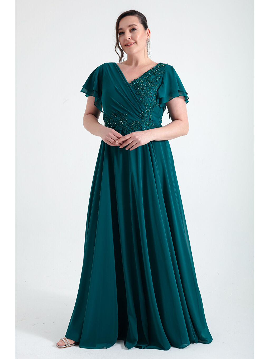 Kadın Zümrüt Yeşili Kruvaze Taşlı Uzun Şifon Abiye Elbise-2