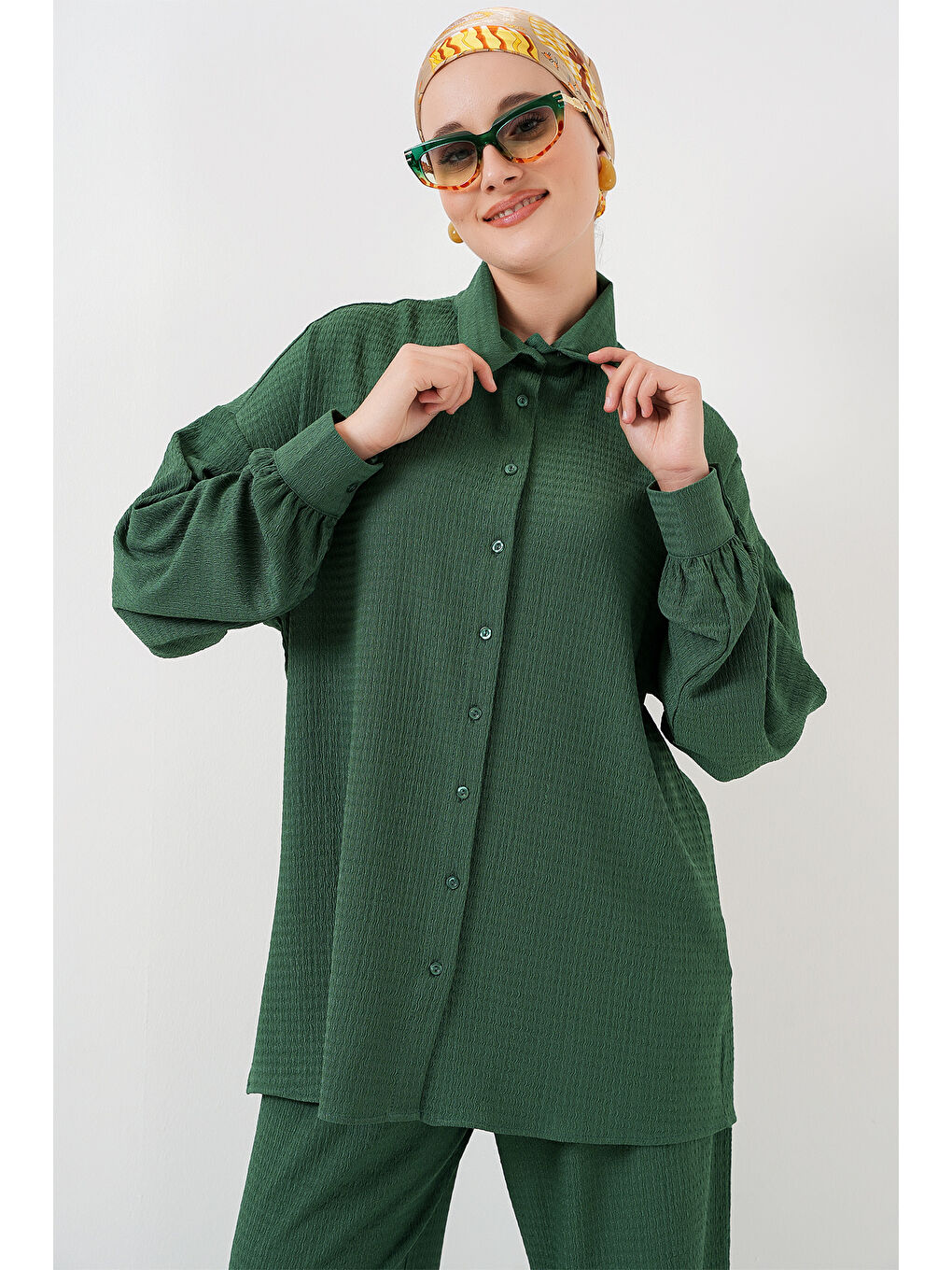 Kadın Örme Tesettür Alt Üst Takım 6711 - Zümrüt Yeşili-1