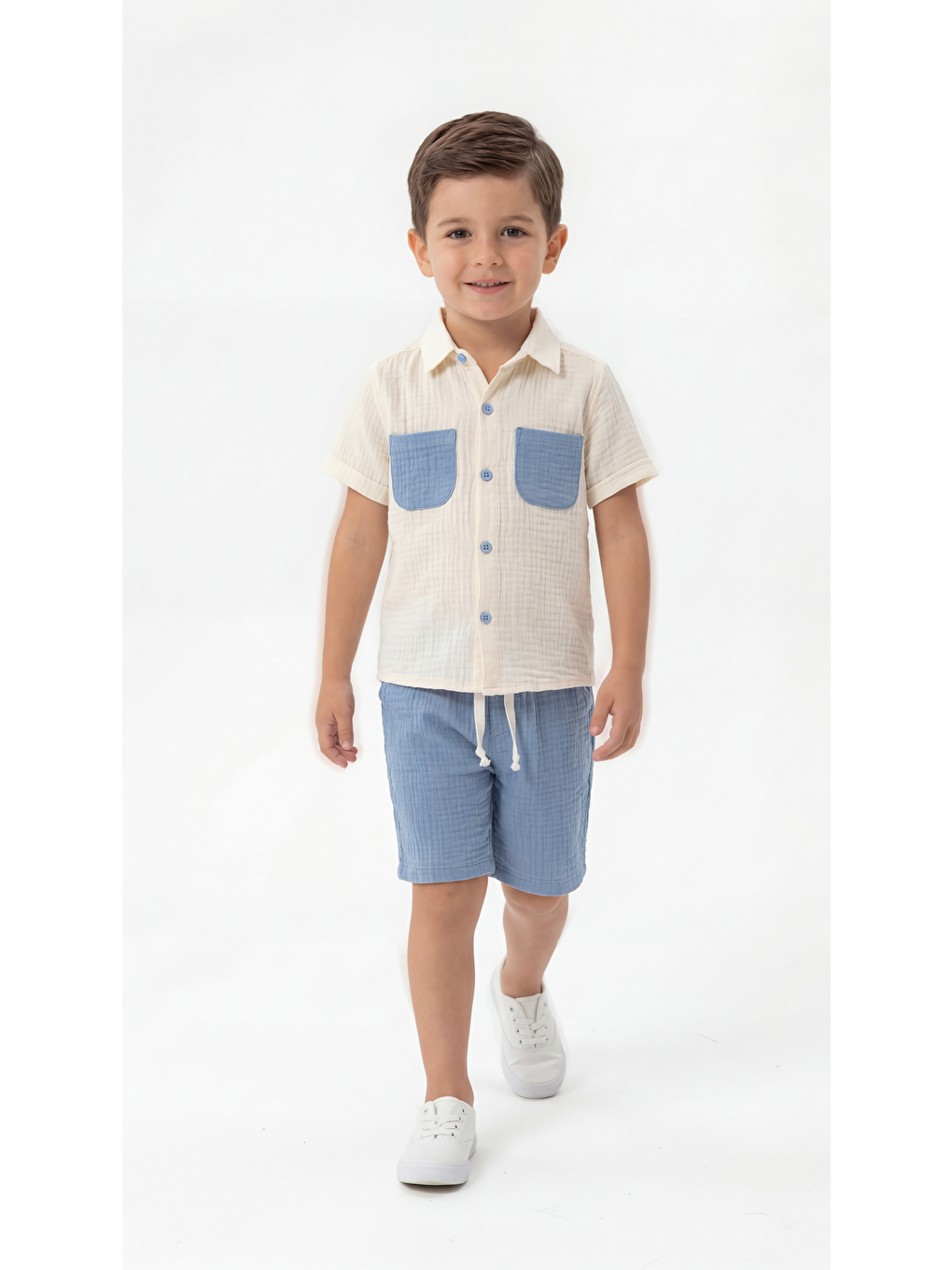 Mavi Cep Detaylı Kısa Kollu Erkek Çocuk Gömlek & Şort Takımı-1