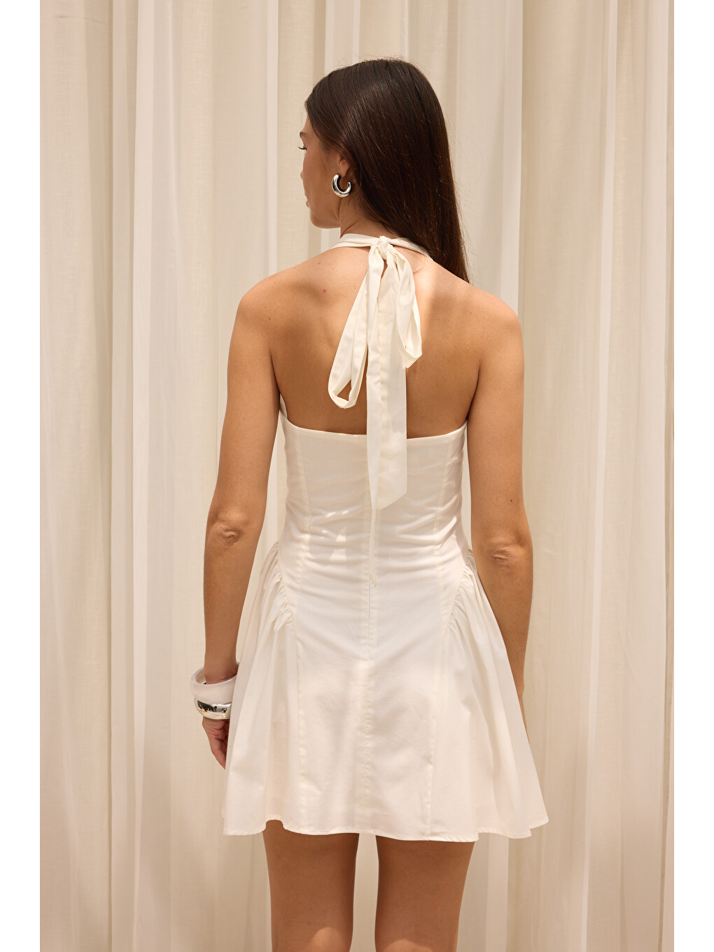 Leya Bağlamalı Ekru Mini Elbise-4