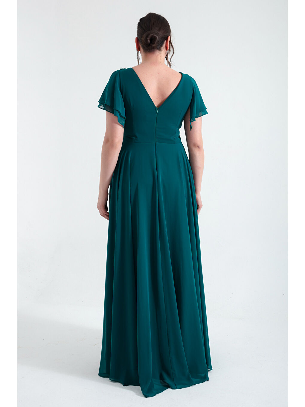 Kadın Zümrüt Yeşili Kruvaze Taşlı Uzun Şifon Abiye Elbise-4