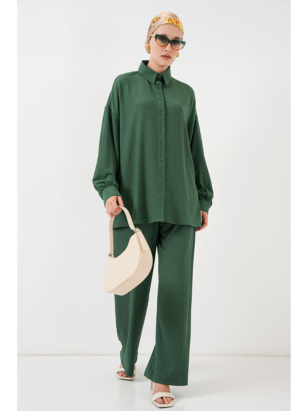 Kadın Örme Tesettür Alt Üst Takım 6711 - Zümrüt Yeşili-2