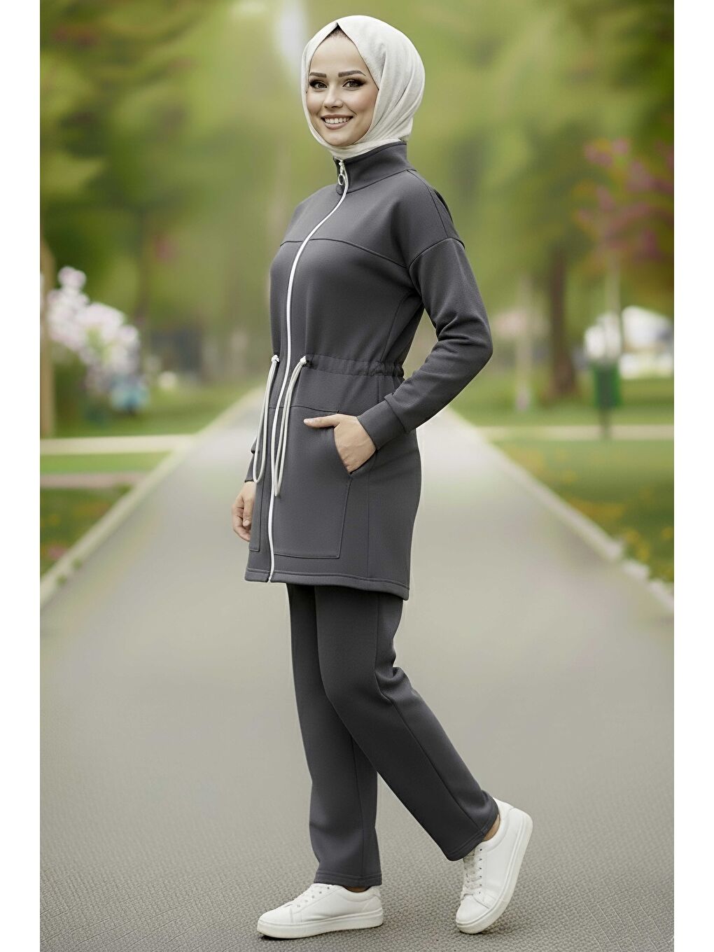 Gri Belde Lastik Detaylı Fermuarlı Cepli Modal İkili Takım Füme - 28044-FUME-1