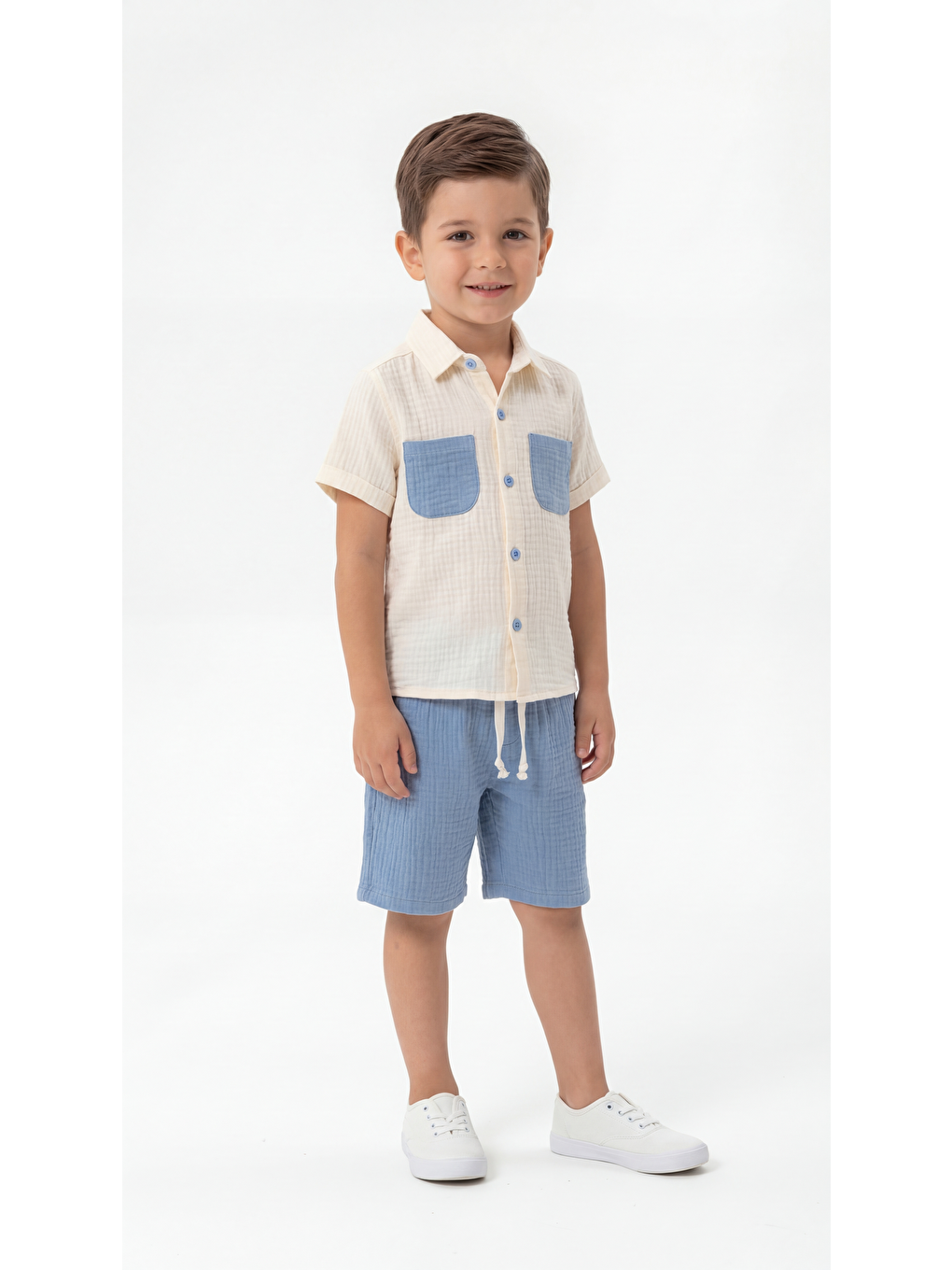 Mavi Cep Detaylı Kısa Kollu Erkek Çocuk Gömlek & Şort Takımı-2