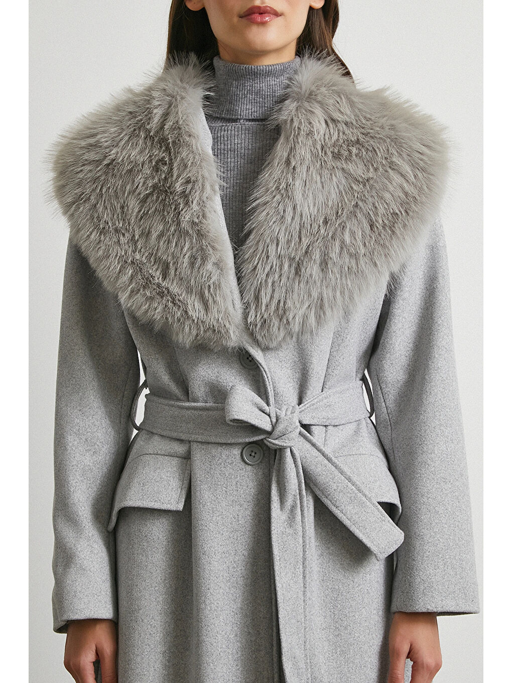 Kürk Yaka Kuşaklı Kaşe Kaban Gri-4