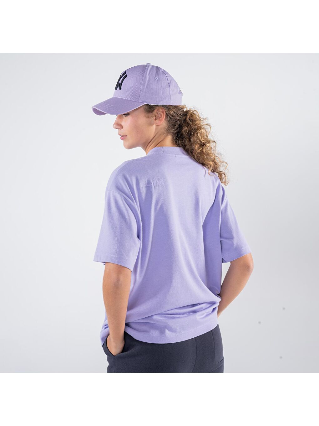 Agar Kadın Lila %100 Koton Bisiklet Yaka Oversize Tişört-1