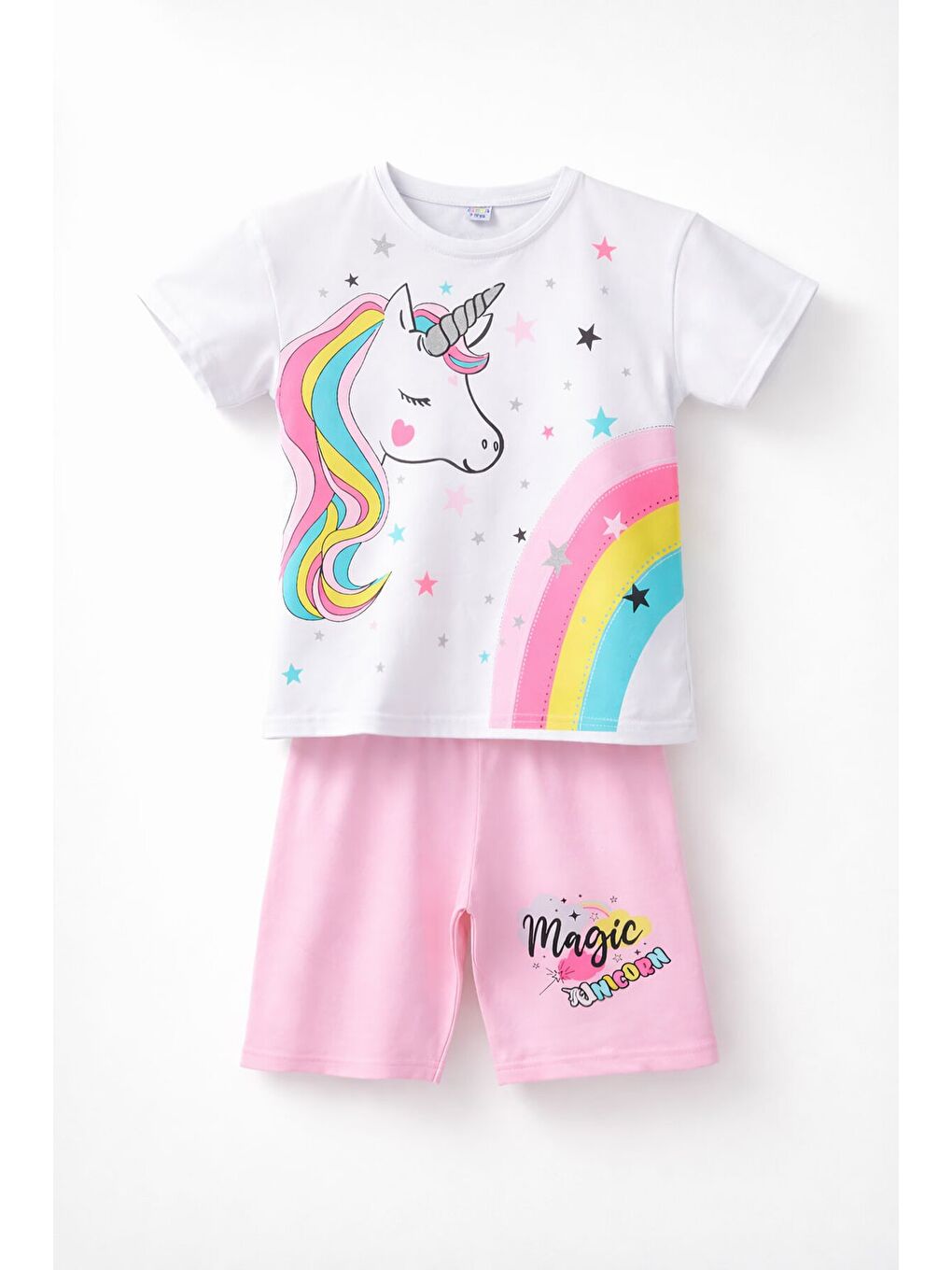 Pembe Baskılı Simli Kız Çocuk Tişörtlü Şortlu Takım 23794-2