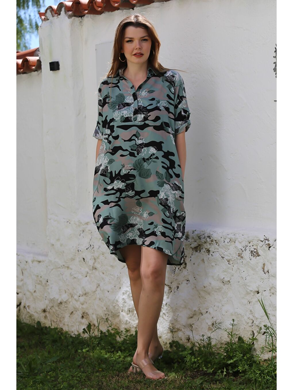 Yeşil Kamuflaj Haki Gömlek Yaka Düğmeli 3/4 Kol Gizli Cepli Casual Viskon Dokuma Elbise 105 62-3