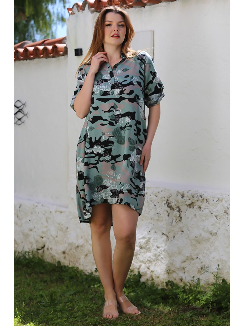 Yeşil Kamuflaj Haki Gömlek Yaka Düğmeli 3/4 Kol Gizli Cepli Casual Viskon Dokuma Elbise 105 62-4