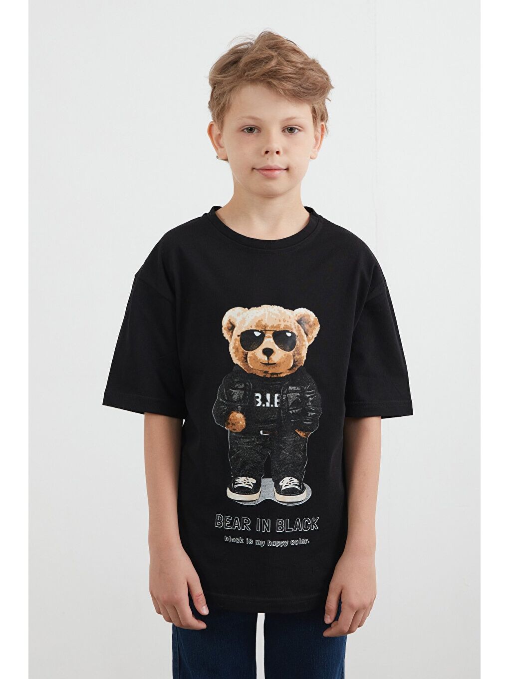 Siyah Ayıcık Baskılı Erkek Çocuk Tişört