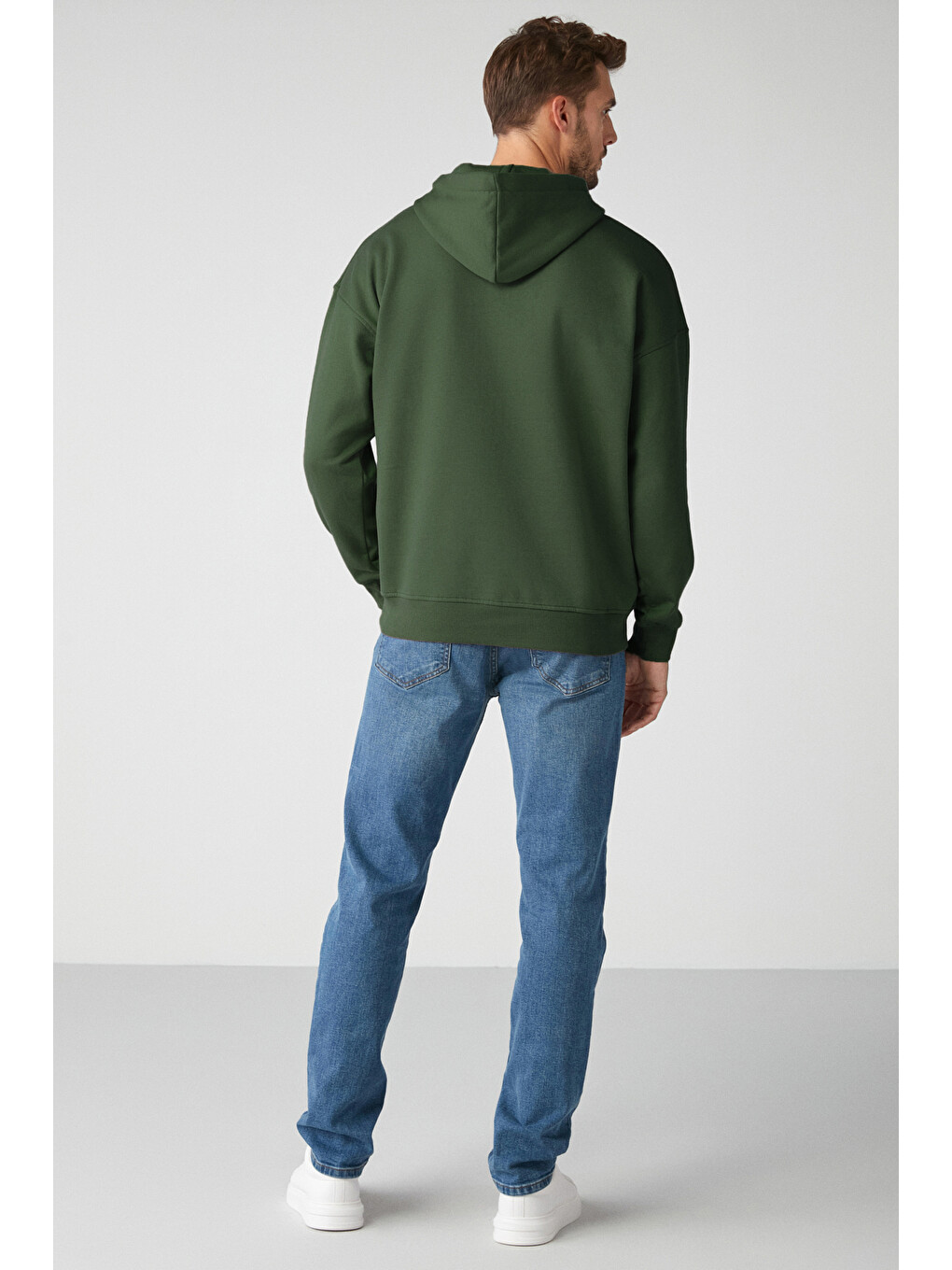 Steve Erkek Yumusaçık Kumaşlı Kordonlu Oversize Kapüşonlu Kanguru Cepli Koyu Yeşil Sweatshirt-4