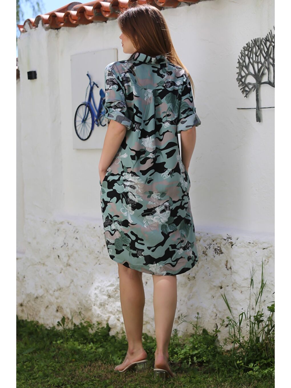 Yeşil Kamuflaj Haki Gömlek Yaka Düğmeli 3/4 Kol Gizli Cepli Casual Viskon Dokuma Elbise 105 62-5