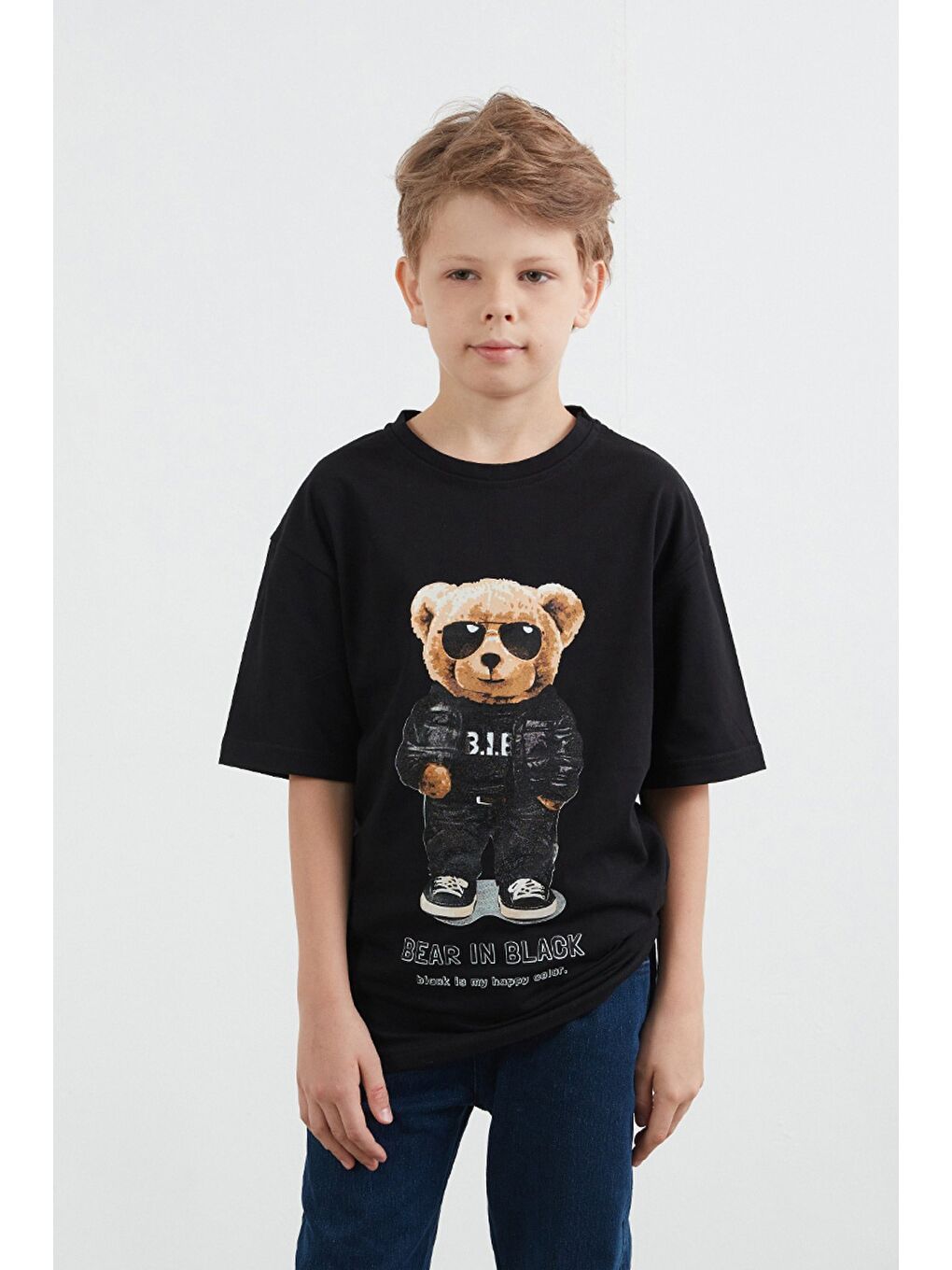 Siyah Ayıcık Baskılı Erkek Çocuk Tişört-1
